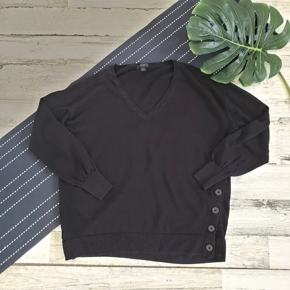 J.Crew V Neck Sweater With Side Buttons Linen Blend Black Size Large
